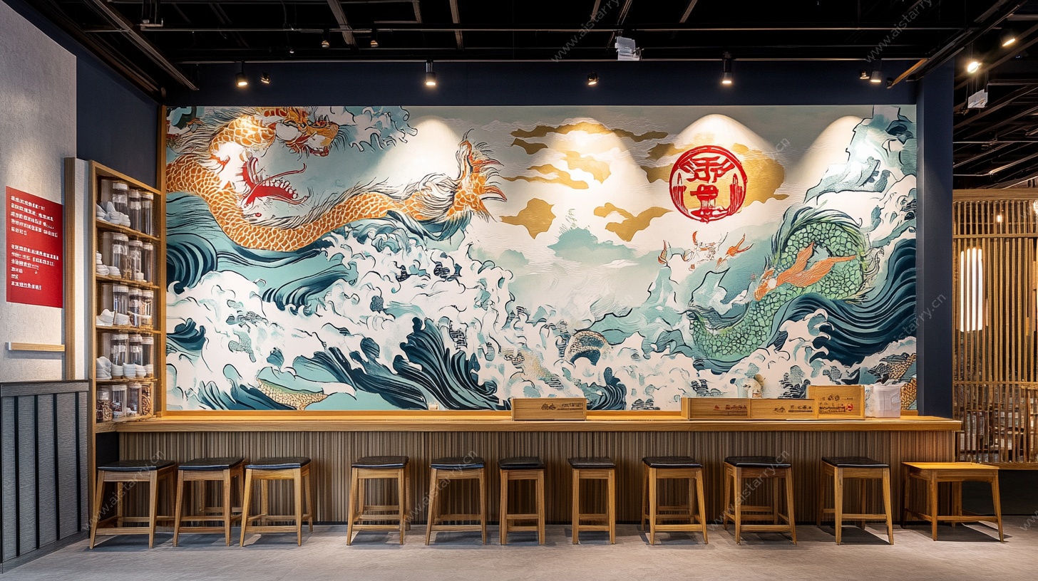 中式餐厅海浪龙纹特色墙