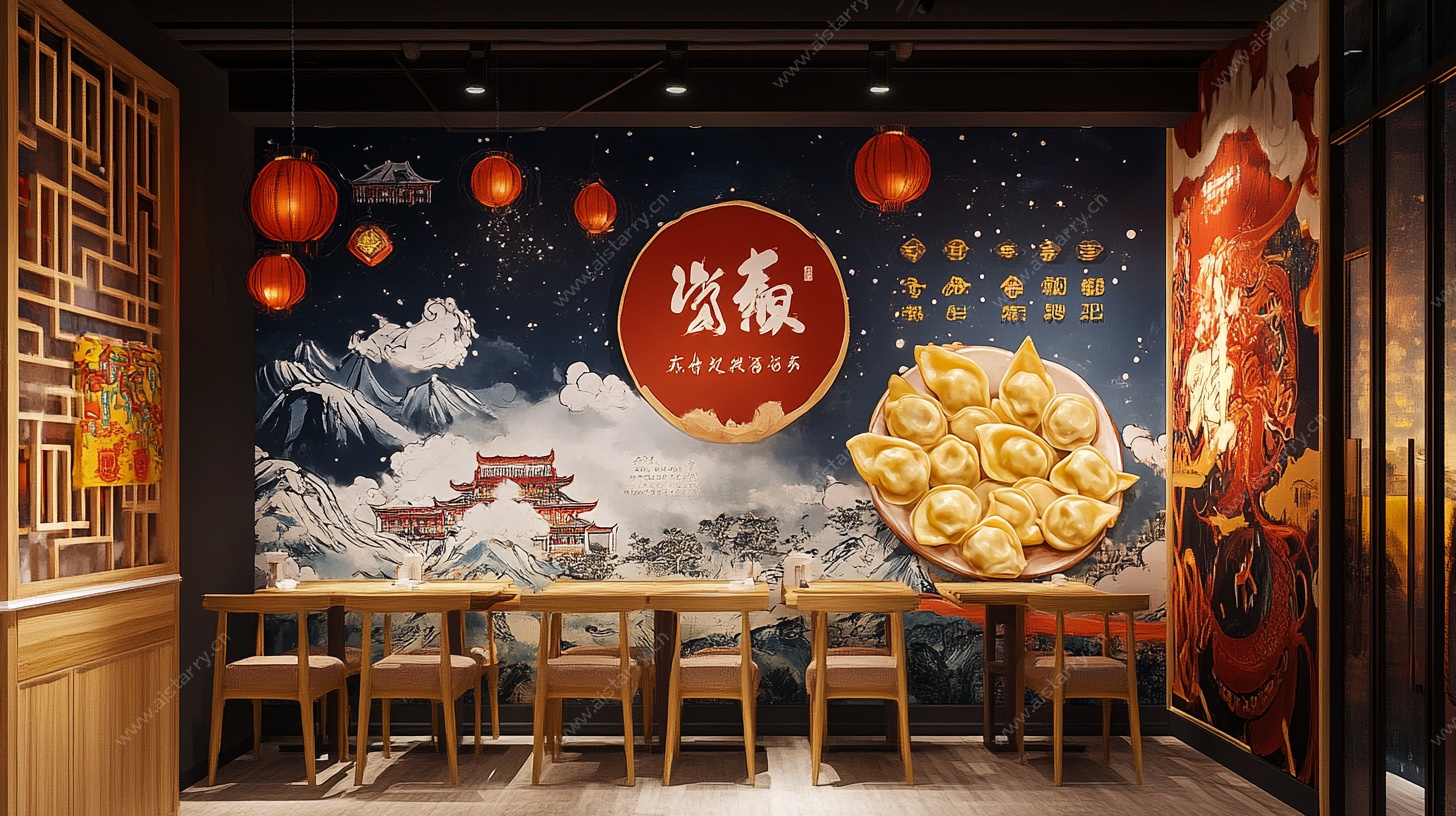 中式饺子馆复古风室内场景