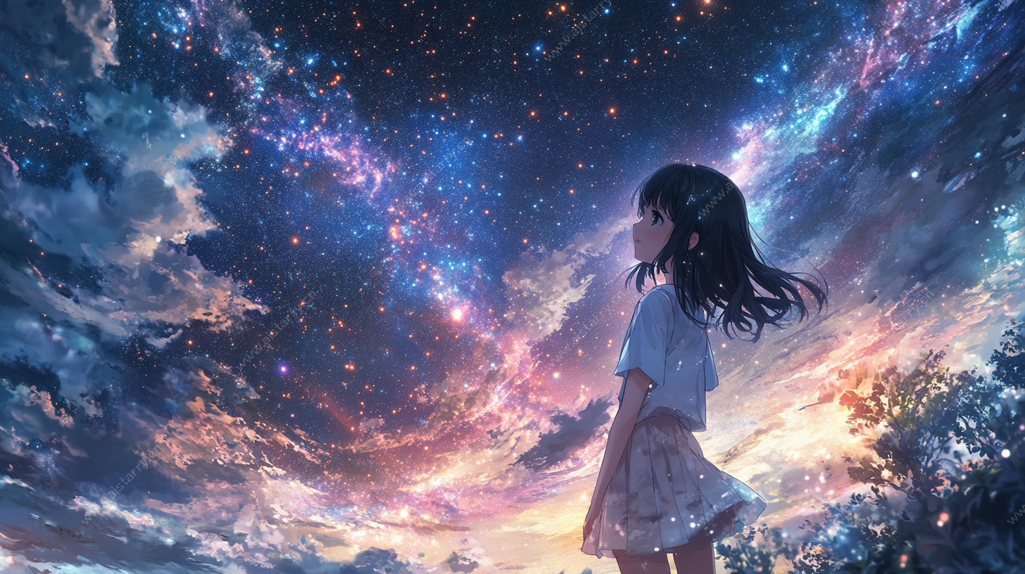 女孩仰望梦幻星空