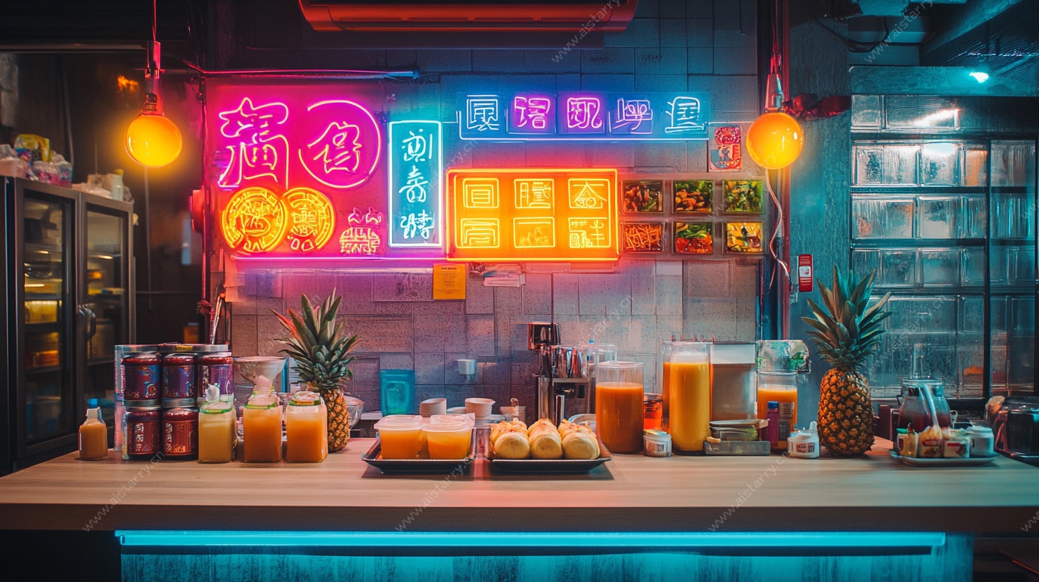 复古风霓虹果汁小吃摊