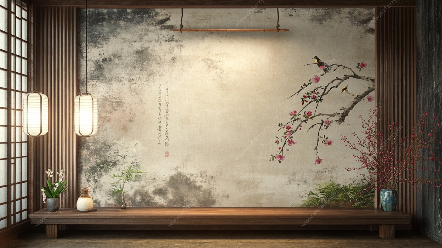 中式古风茶室墙面装饰图