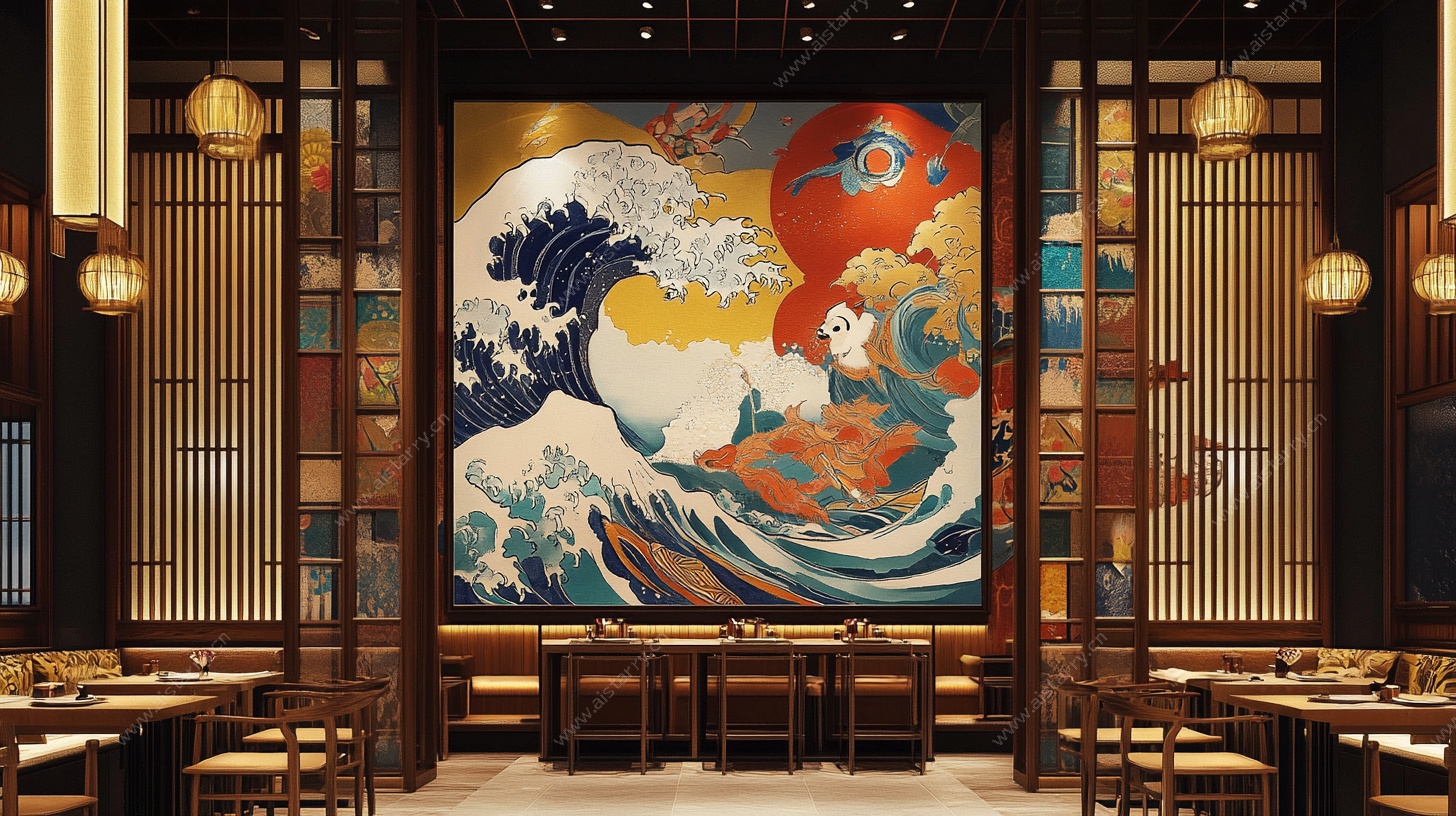 日式餐厅内的浮世绘风格壁画