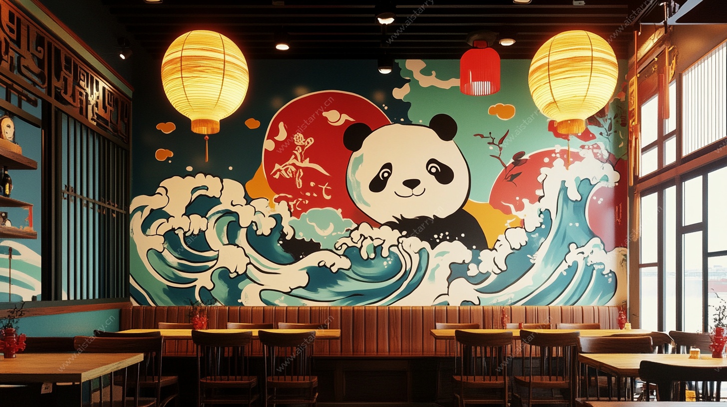 熊猫海浪风餐厅壁画