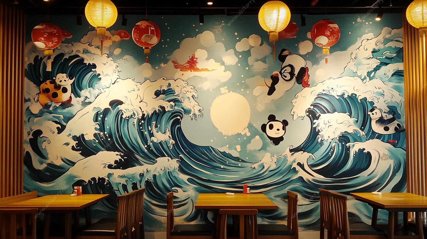 日式风餐厅海浪主题壁画