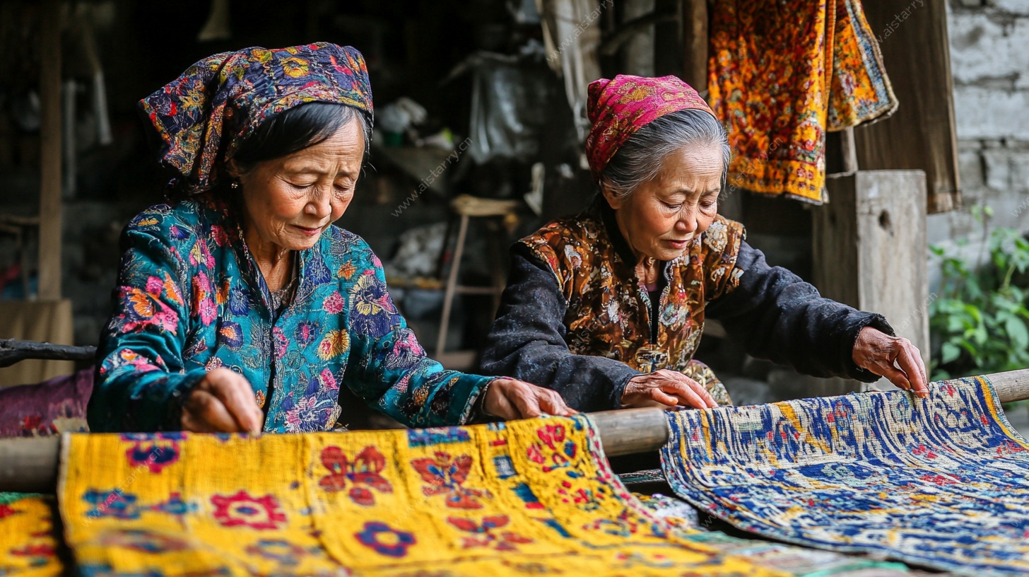 两位绣娘专注刺绣