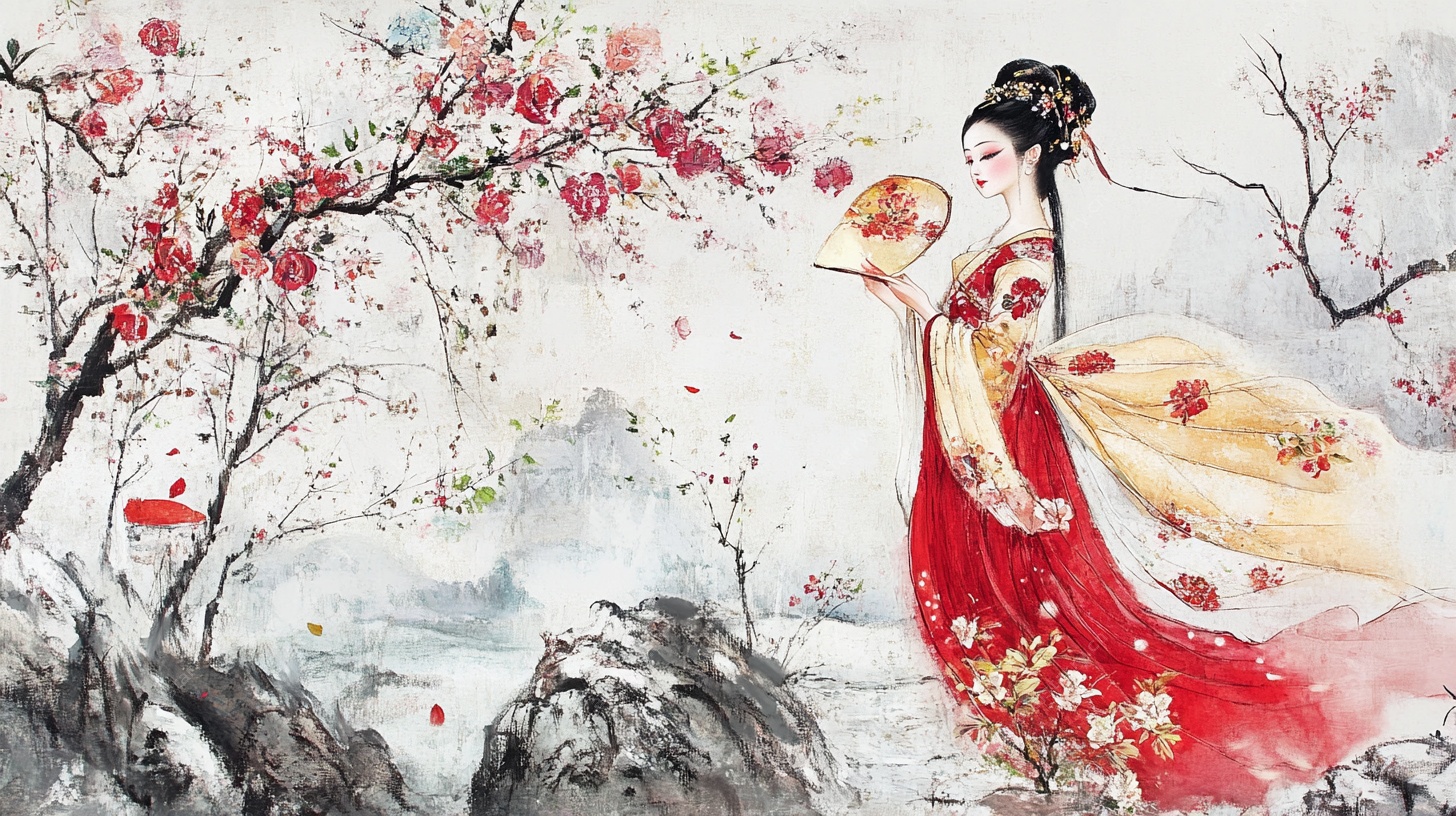 古风美人持扇赏繁花