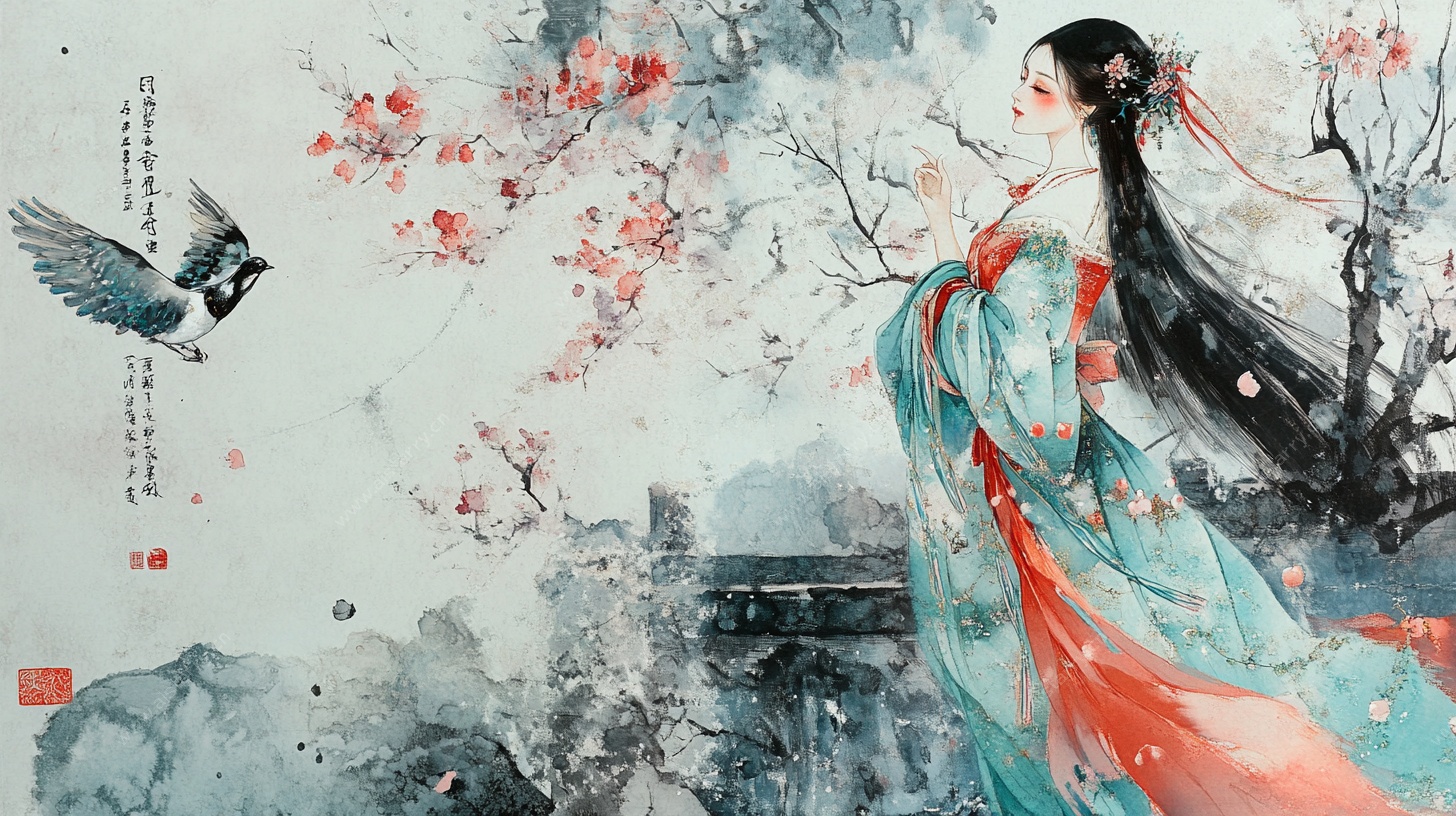 古风美人赏春图