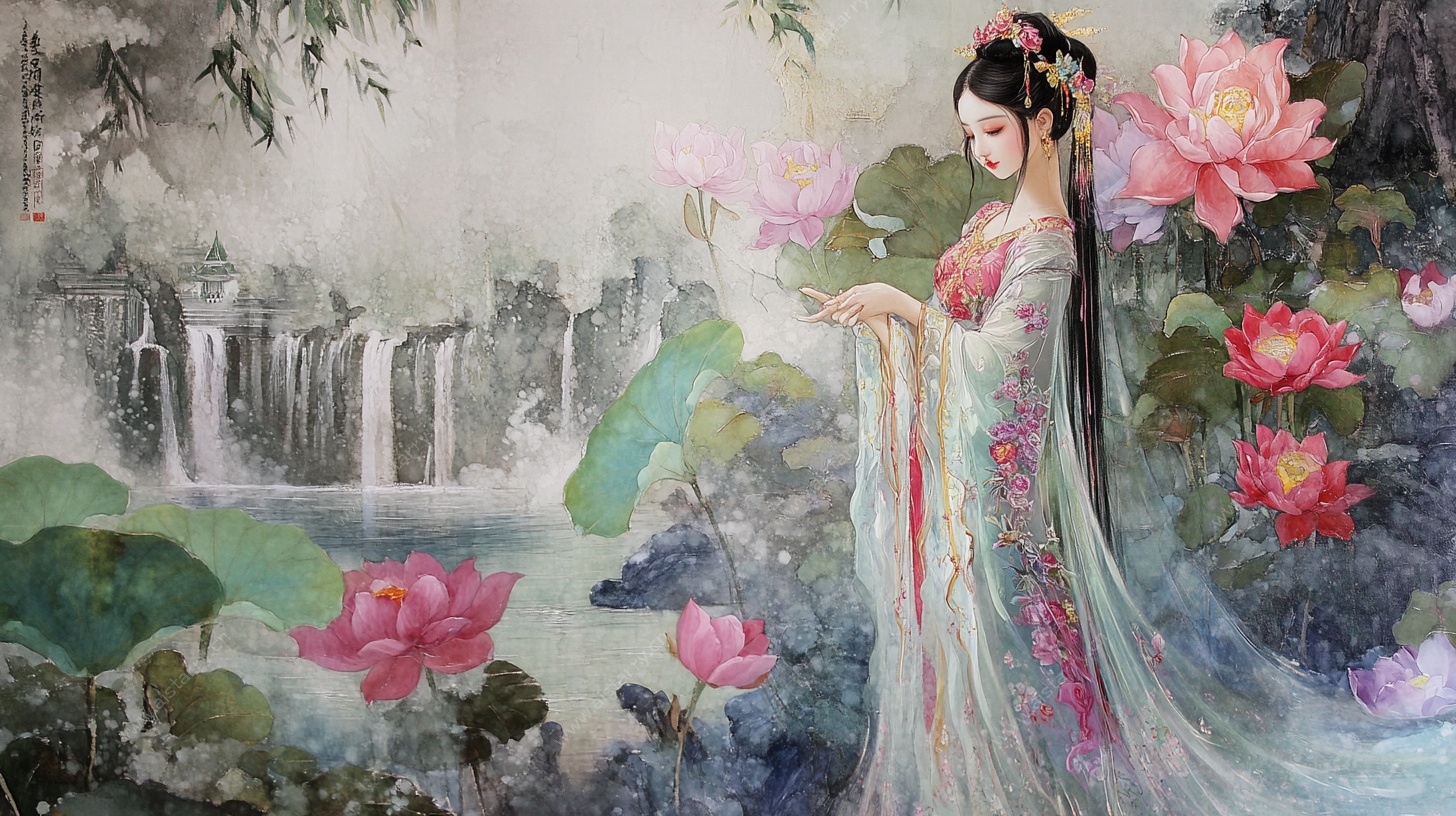 古典仕女赏荷图