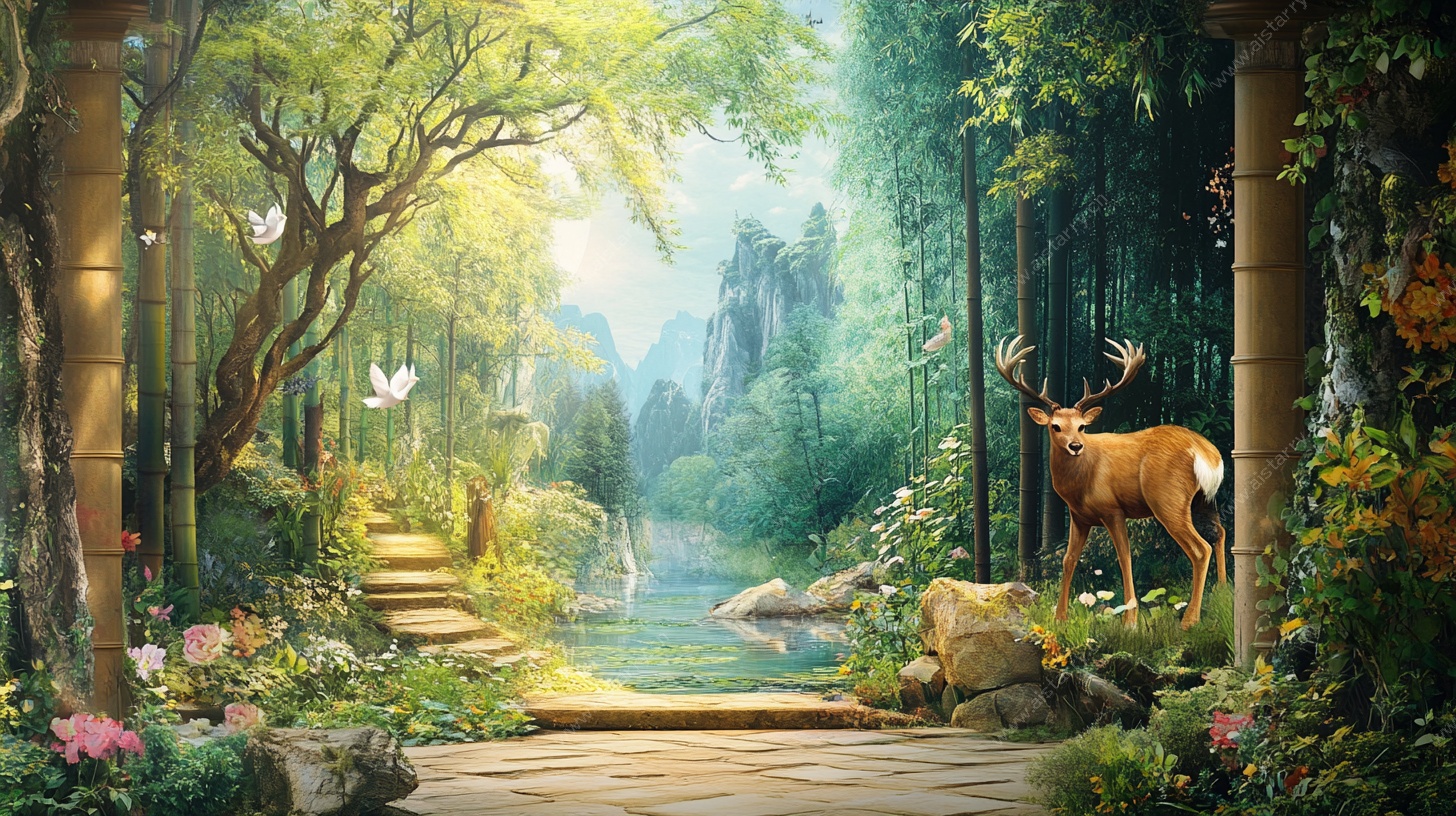 梦幻森林中的鹿与美景