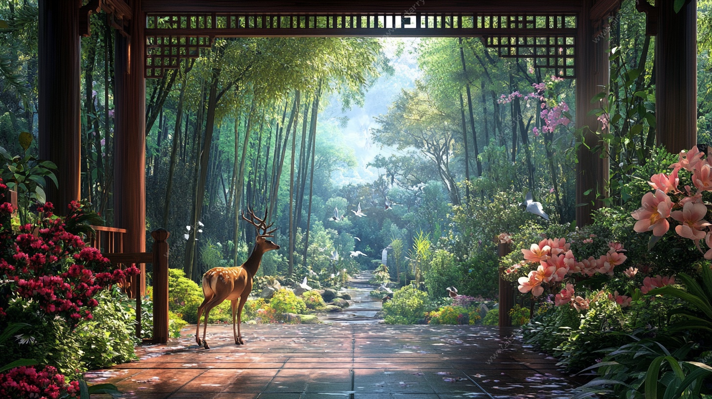 梦幻竹林鹿影中式园林景