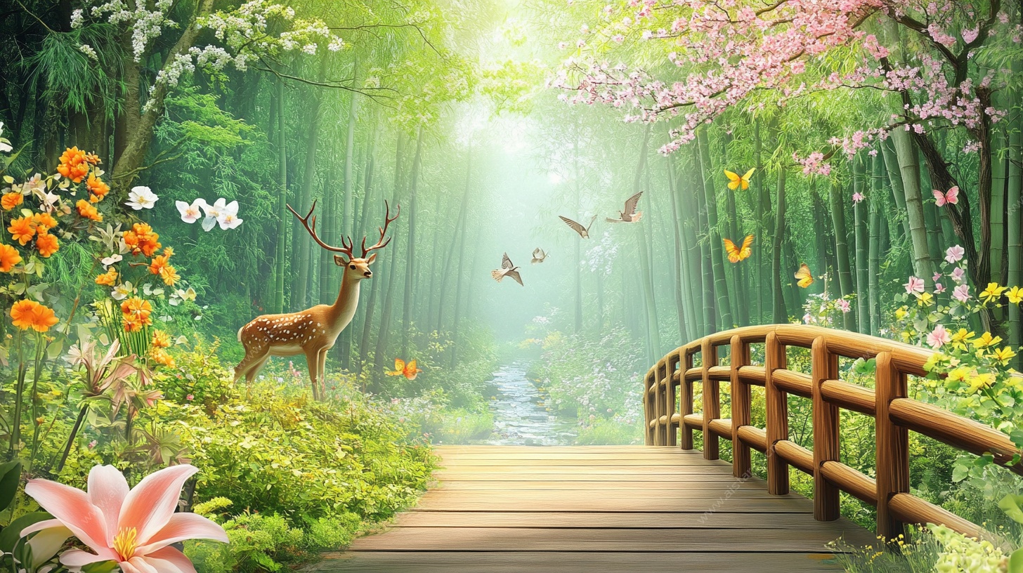 梦幻森林木桥小鹿美景图