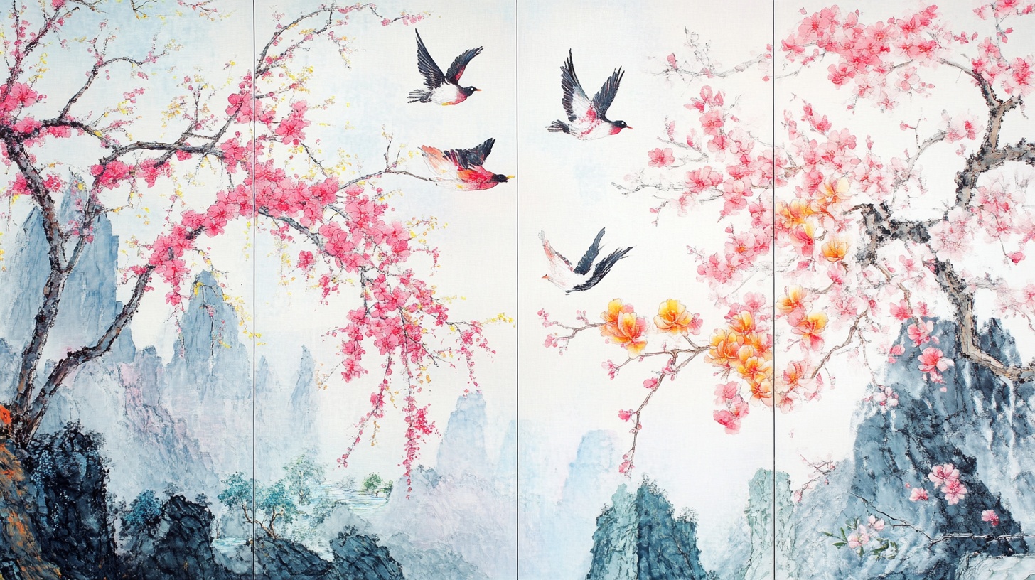 中式花鸟山水屏风画