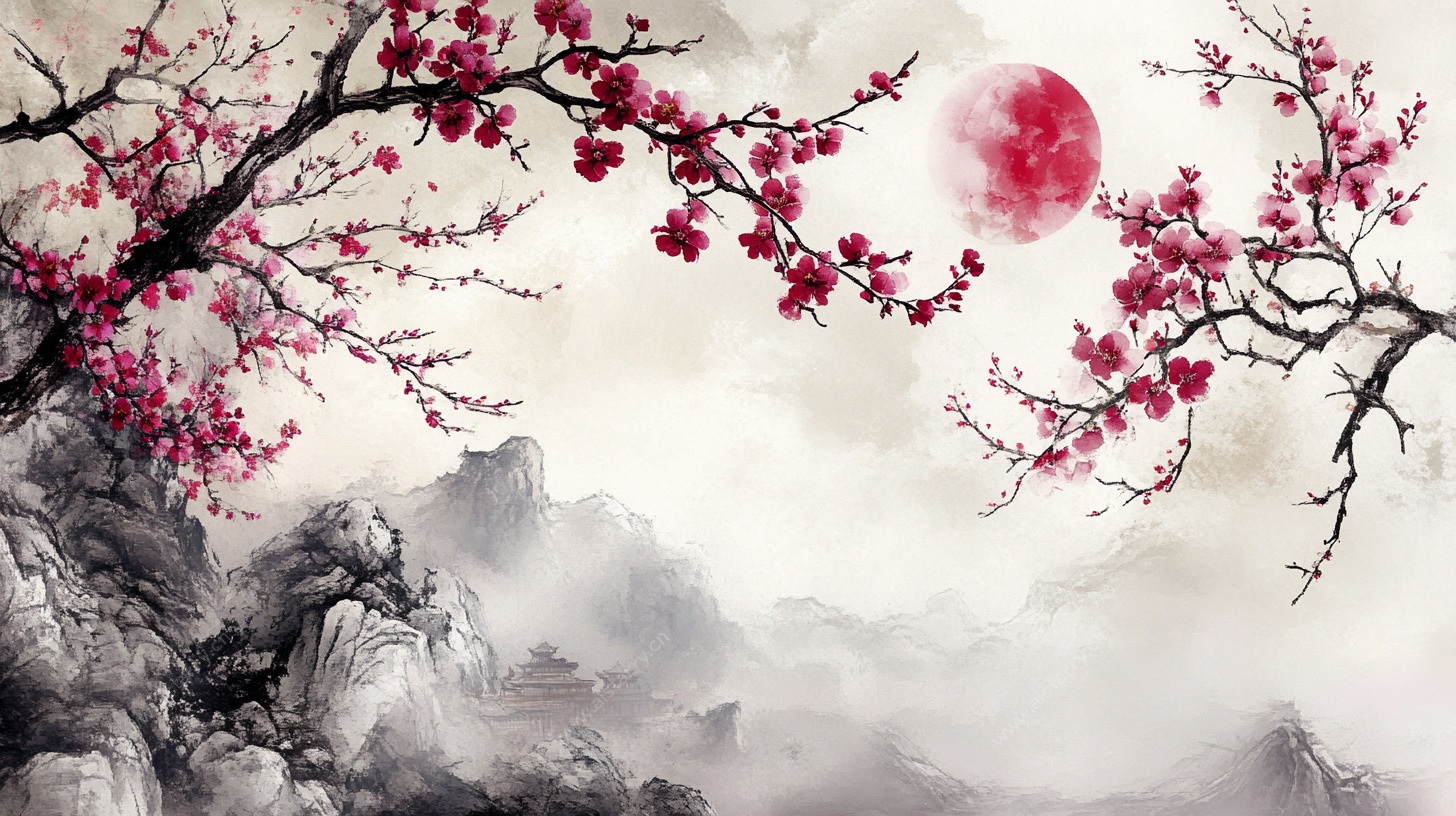 月夜红梅山水图