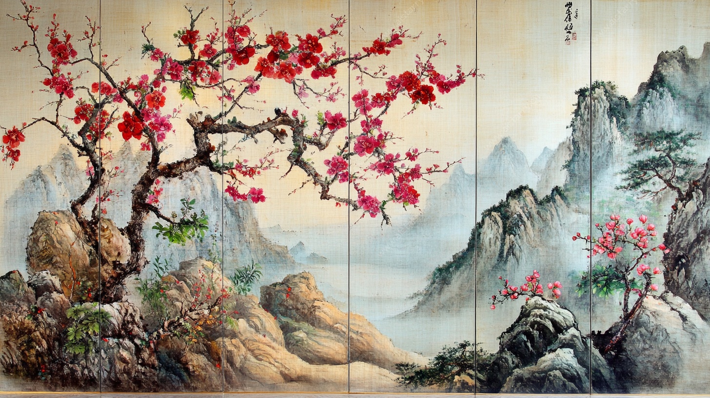 红梅映山中式山水屏风画