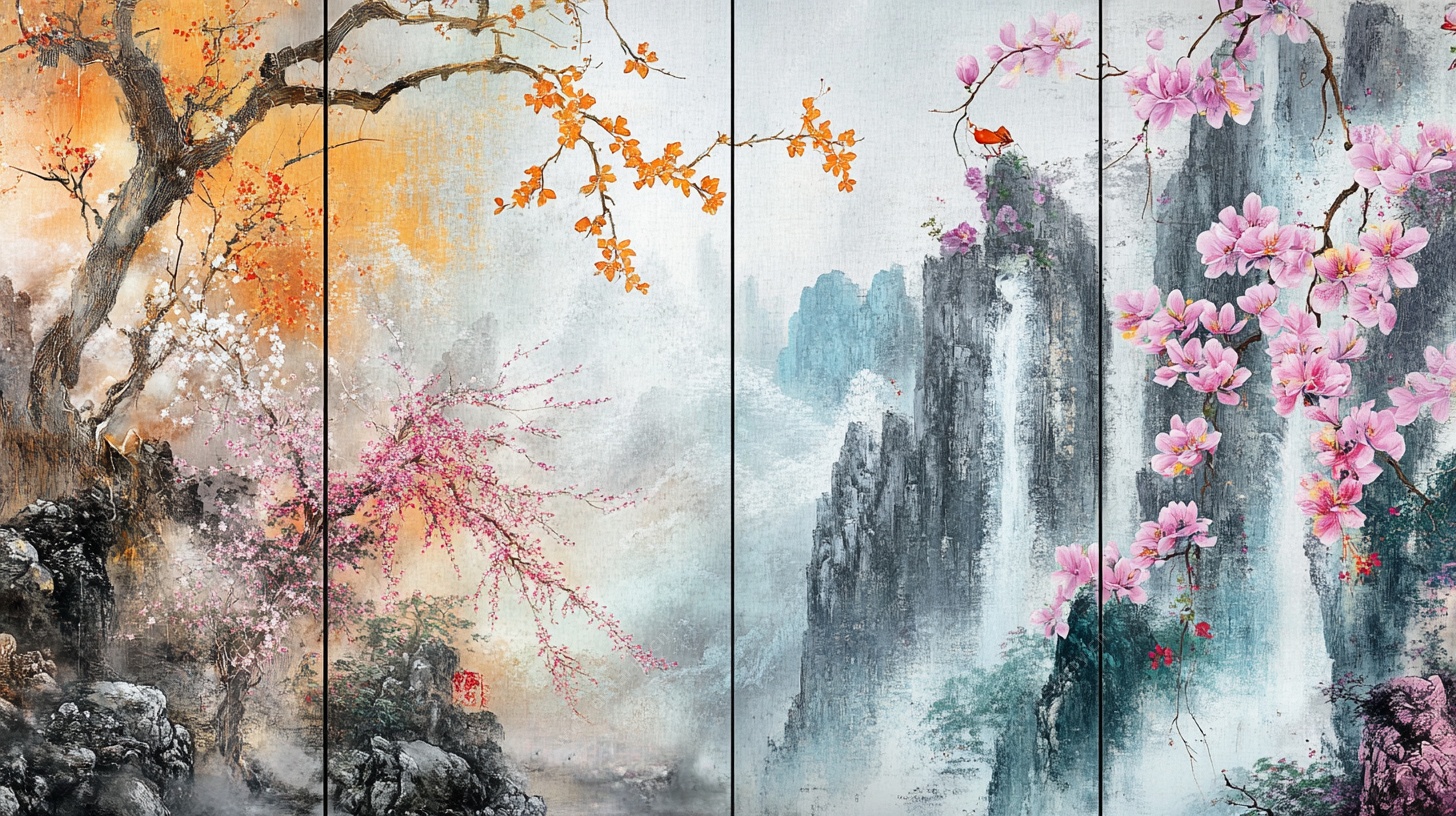山水花鸟四联画