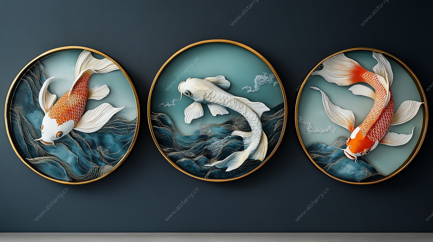 三联圆形锦鲤立体装饰画