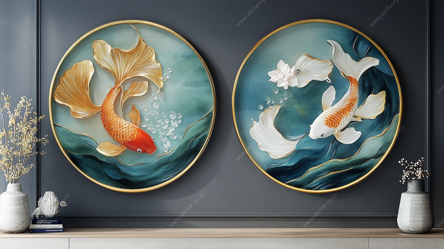 双幅锦鲤装饰画挂于墙