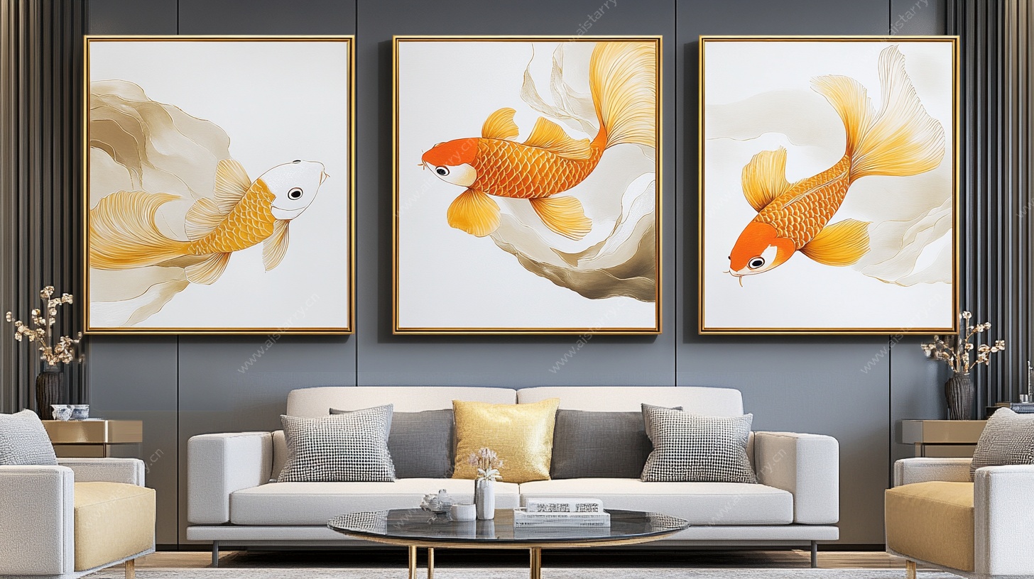 三联金鱼装饰画 客厅风采