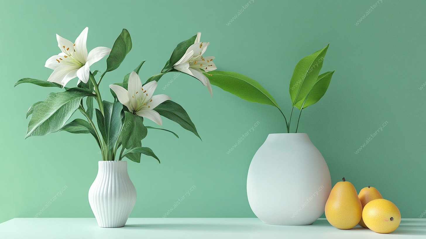 绿墙下的花瓶花卉与水果