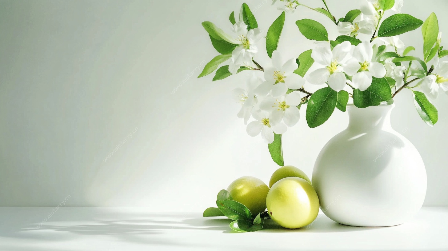 白瓶插花配青果静物图