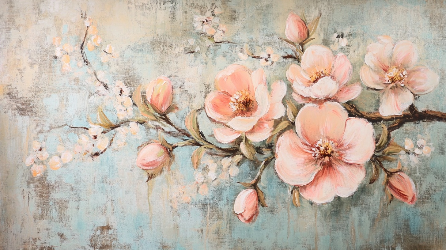 淡彩手绘粉色花卉油画