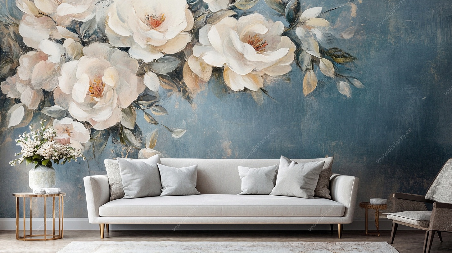 花卉壁画装饰的现代客厅