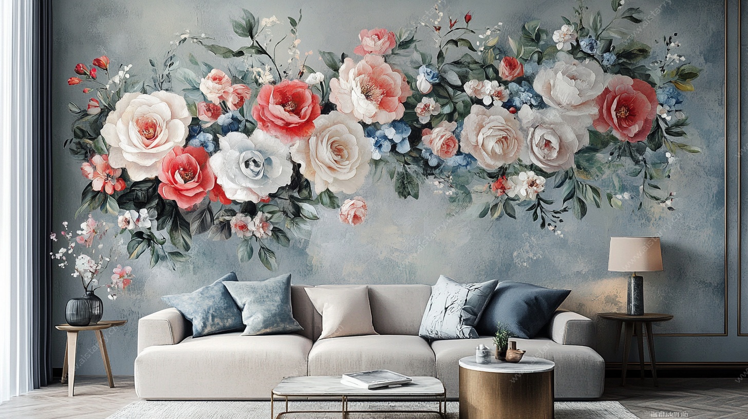 花卉壁画装饰的温馨客厅