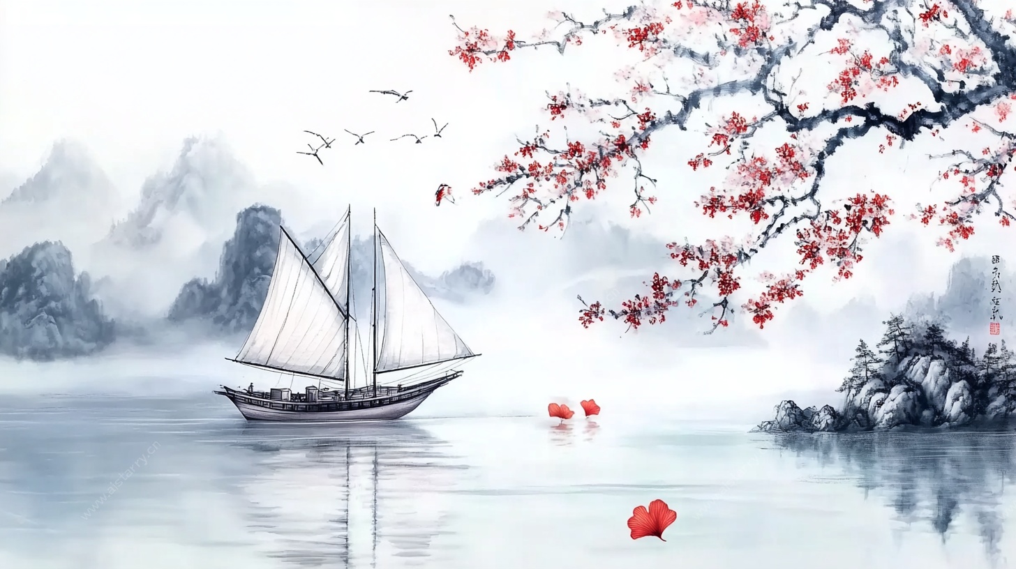 水墨帆船图 江畔红梅相伴