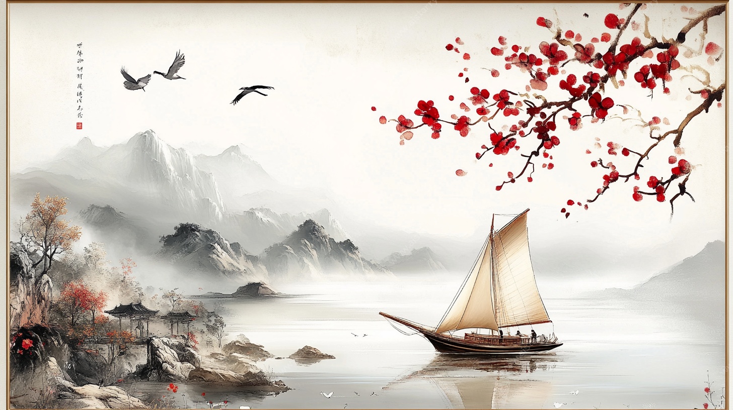 中式水墨山水帆船图景