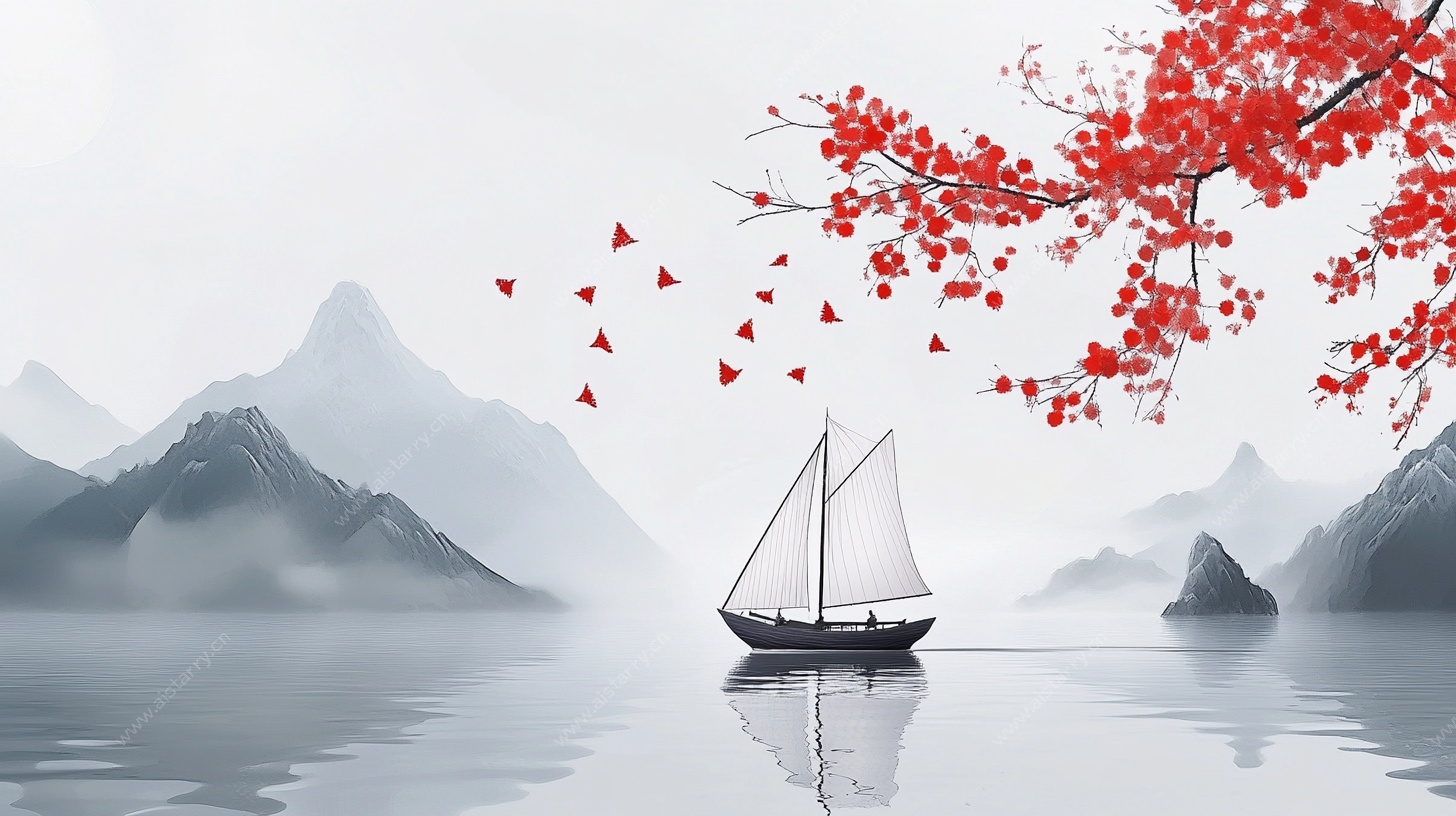 水墨山水间的孤舟红叶