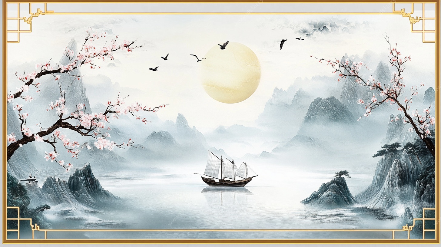 中式山水月夜行舟图