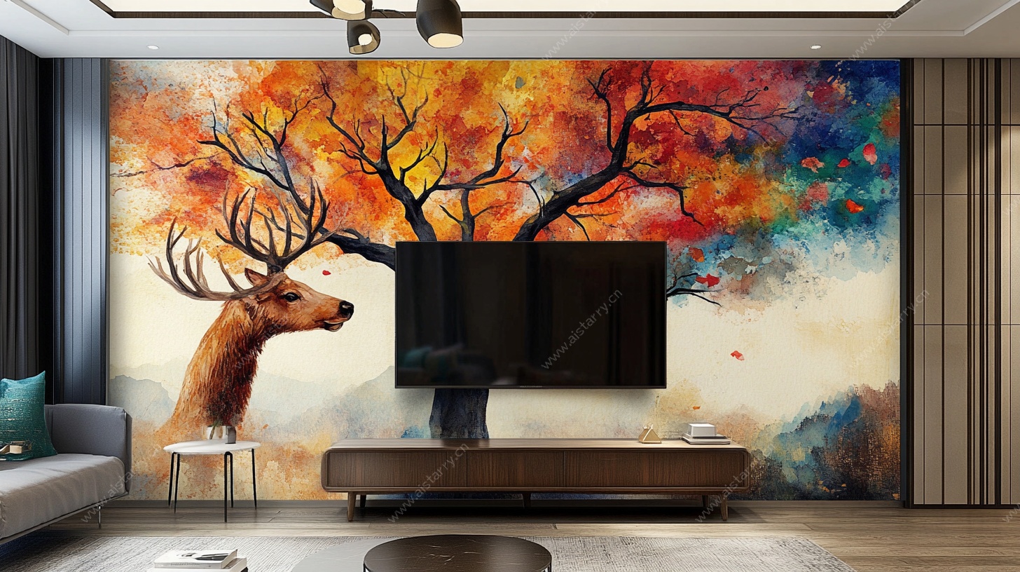 鹿与树电视背景墙艺术画