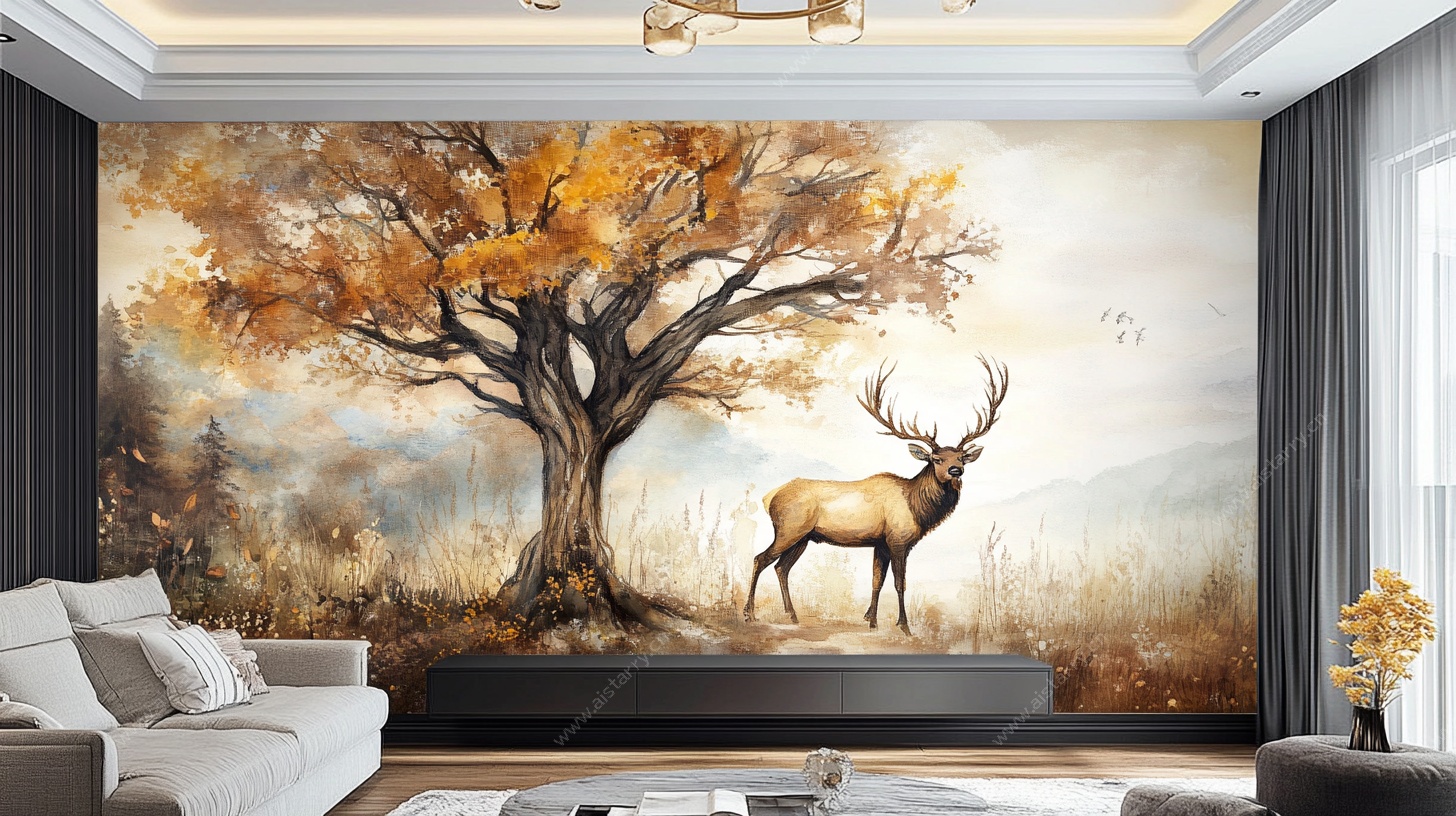 秋景麋鹿客厅壁画