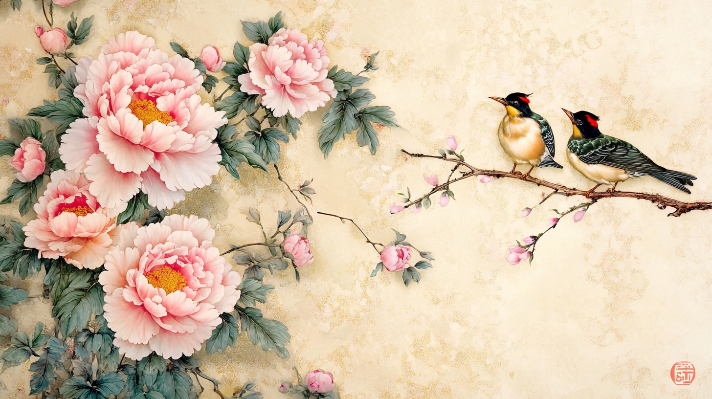 牡丹枝头双鸟图