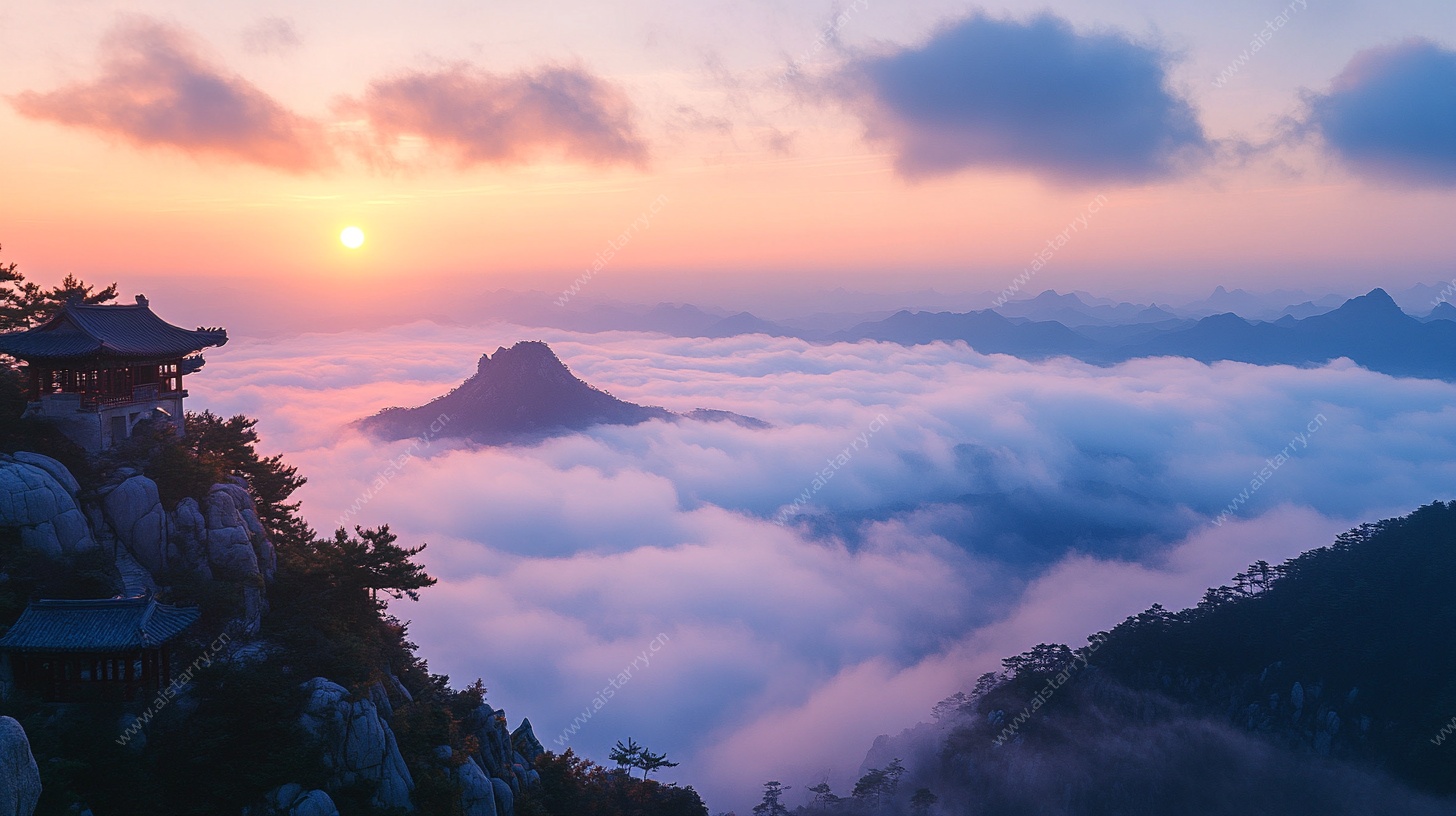 山间日出云海古建筑美景