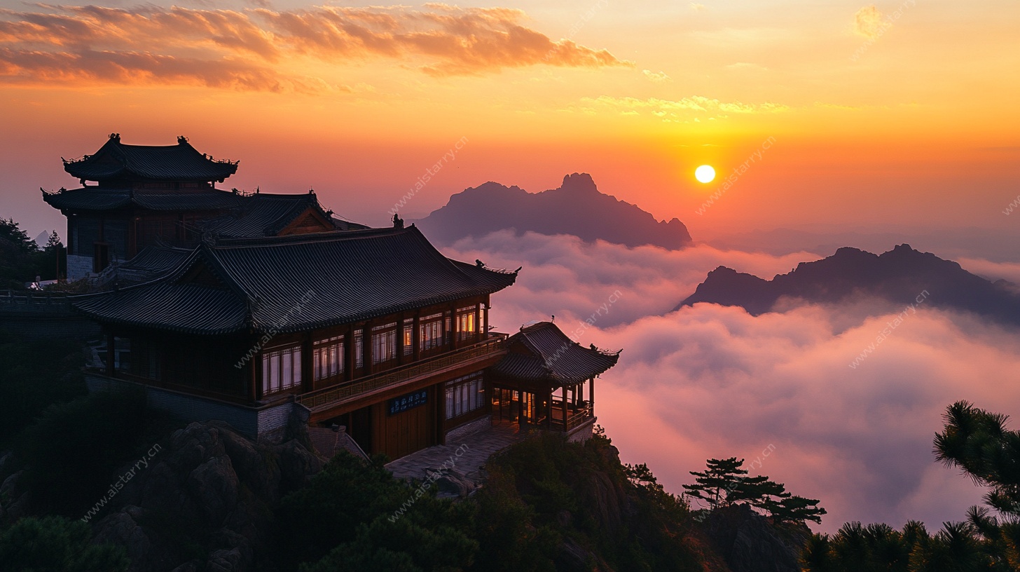 山巅古建映落日美景