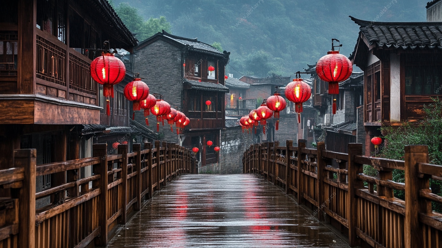 烟雨古巷红灯笼