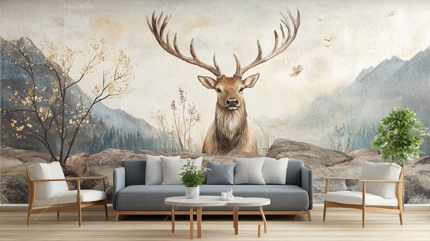 森林麋鹿风客厅背景墙