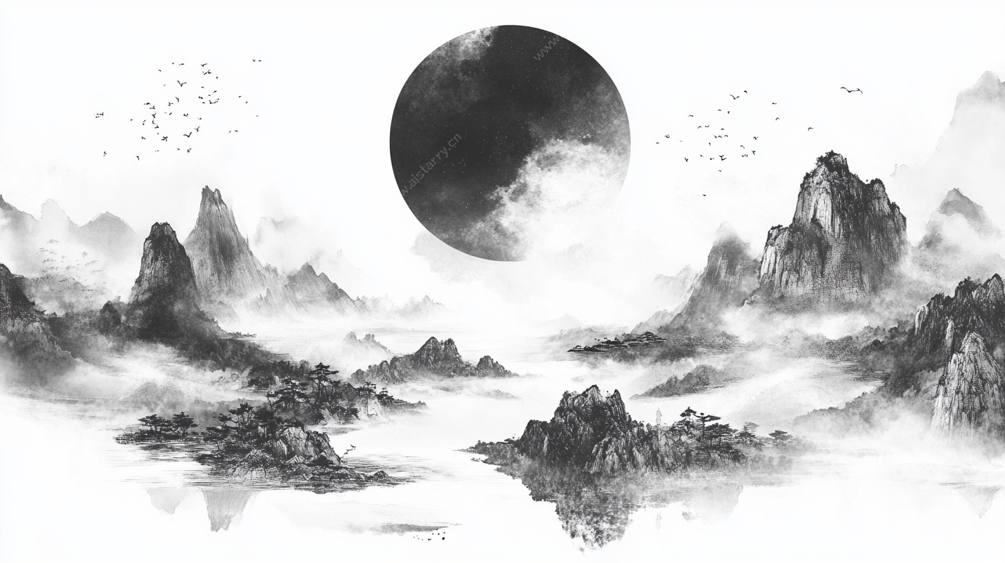 水墨山水月夜图