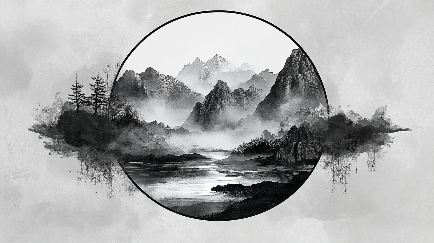 水墨山水圆框意境图