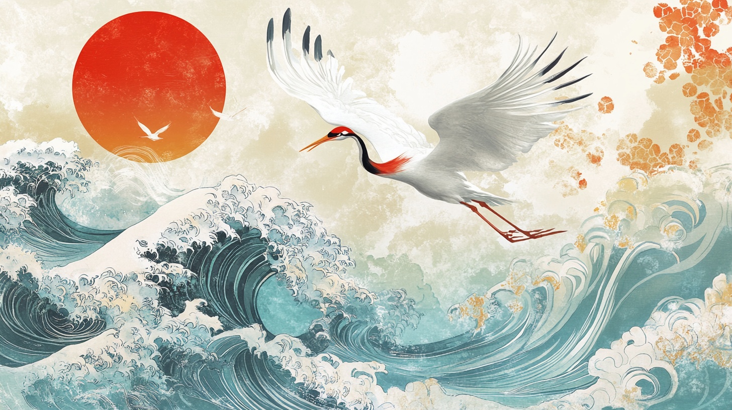 红日白鹤海浪国风插画