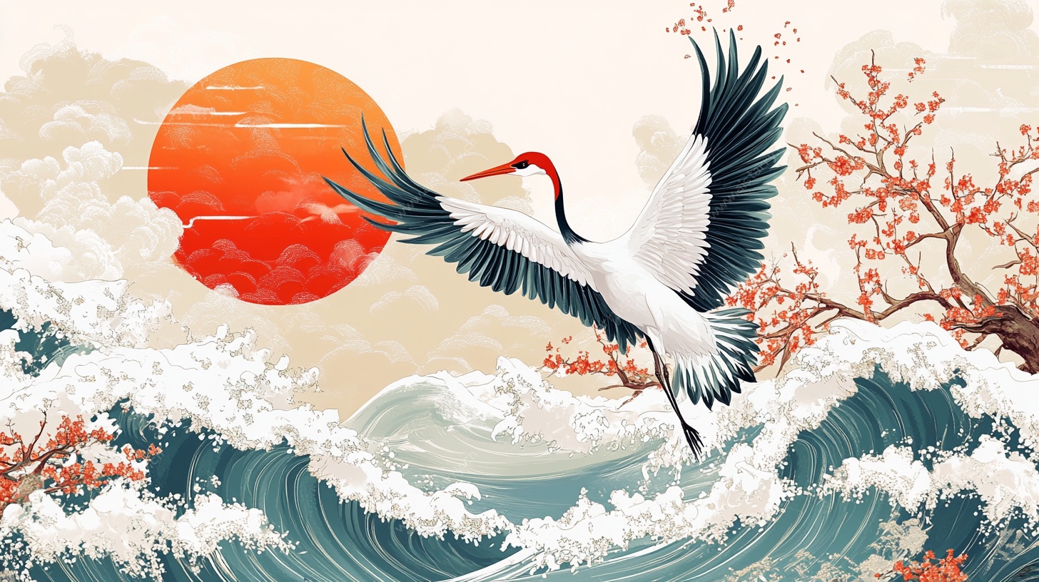 丹顶鹤踏浪迎红日图