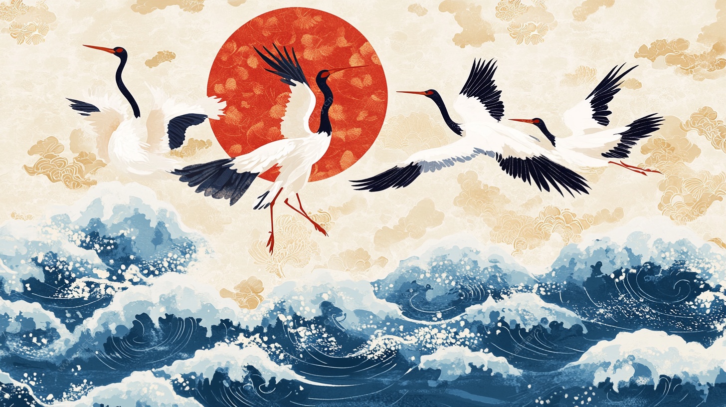 丹顶鹤踏浪迎红日