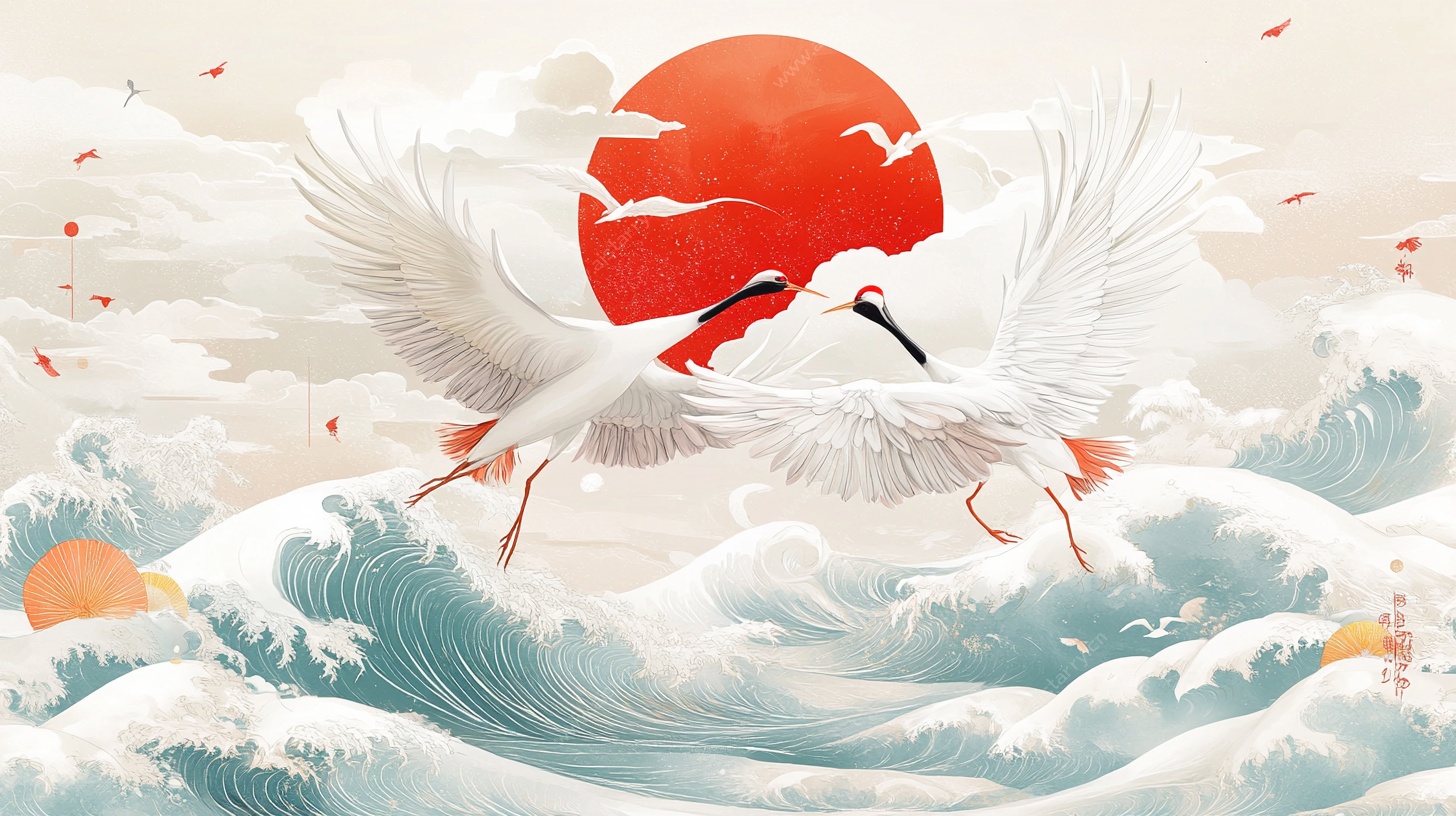 红日白鹤海浪中式图景