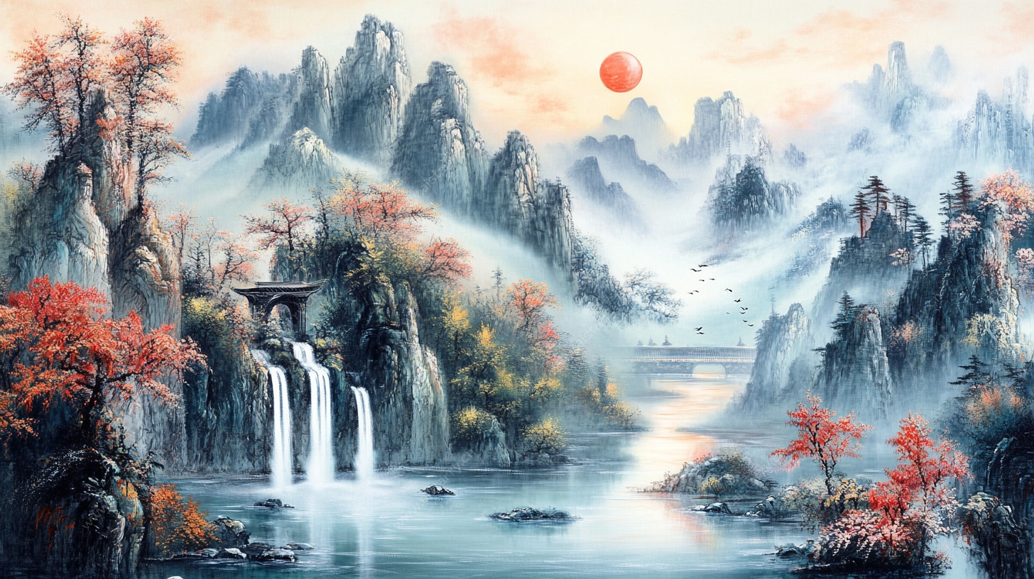 秋山旭日瀑布山水图