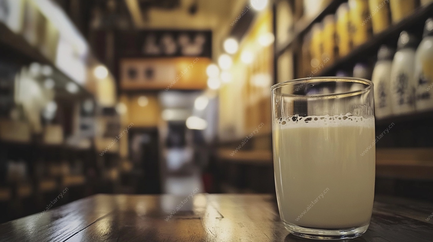 店内木桌上的一杯牛奶