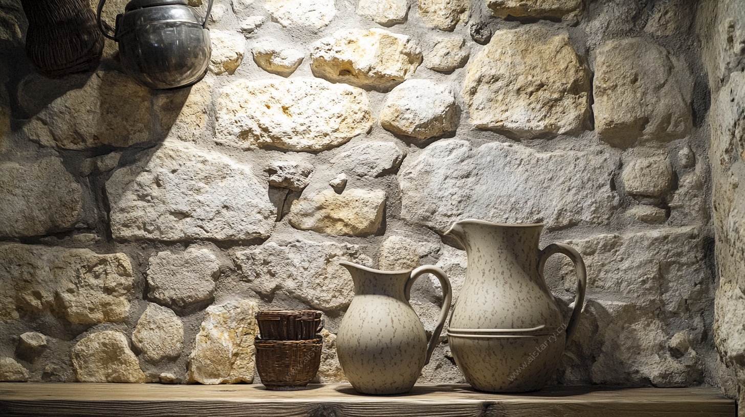 石墙旁的古朴陶罐