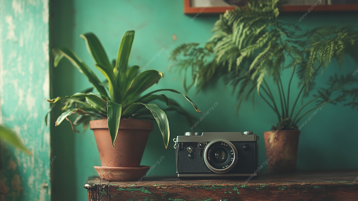 复古相机与绿植的静物组合
