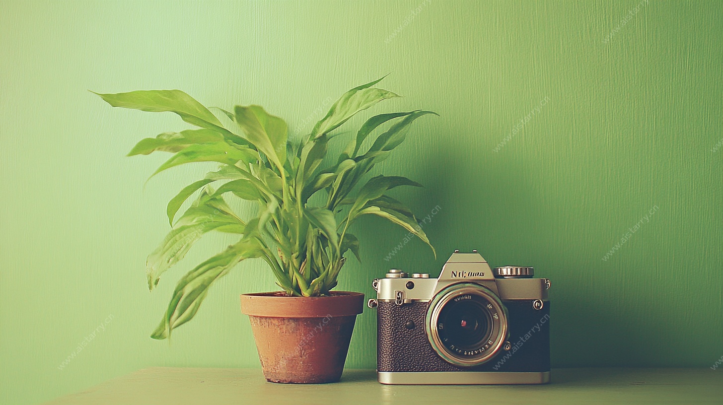 绿植与复古相机静物照