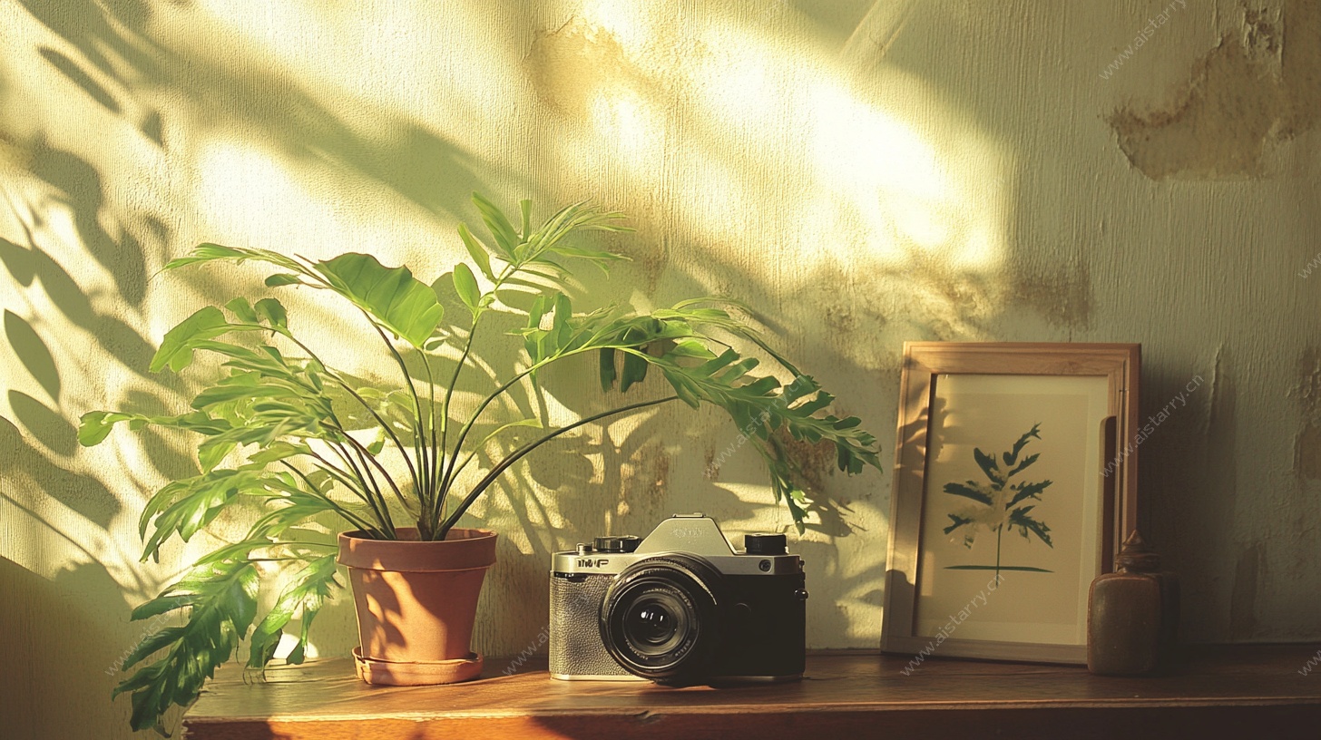 阳光中的绿植相机与画框